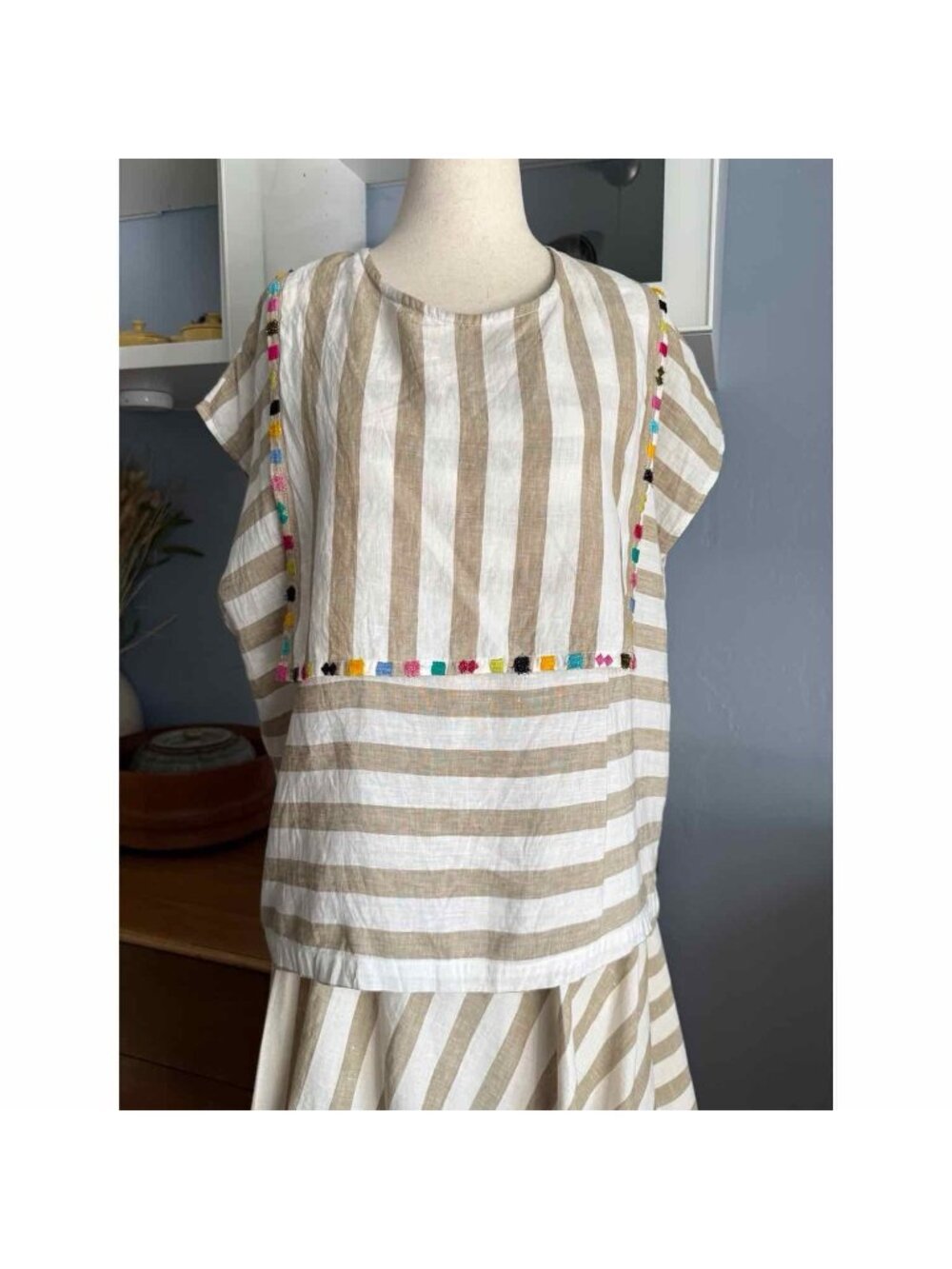 Carla Fernandez Striped Linen Embroidered Top & Skirt Set Sz M - Picture 2 of 10